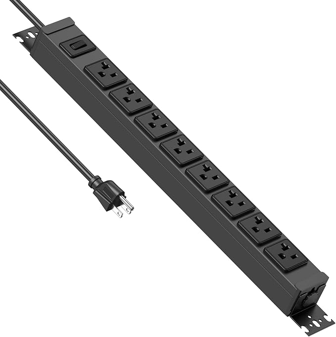 JUNNUJ Heavy Duty Power Strip Wall Mount, 20 Amp Surge Protector 1200J Metal 8 Outlet Under Desk Mounted 20A, Garage Power Table Socket Industrial Outlets 6-20R T-Slot, Black-6FT 12AWG Extension Cord