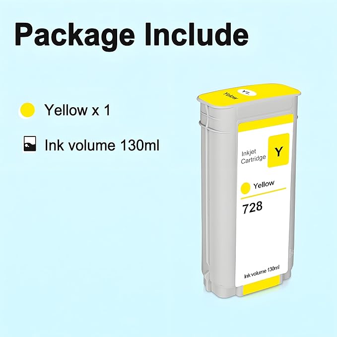 HPQ 728 Ink Cartridge 130ml Compatible with DesignJet T730 T830 MFP Large Format Plotter Printers (F9K16A) (Yellow)