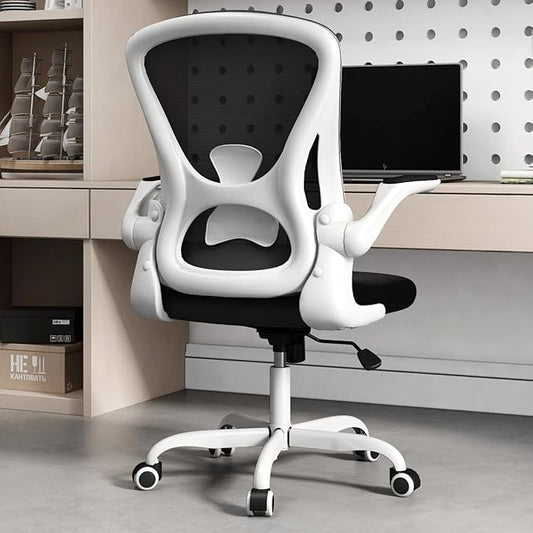 Sytas Ergonomic Desk Chair with Padded Flip up Arms and Supportive Lumbar Support, Breathable Mesh Home Office Chair with Comfortable Cushion for Home or Office(White)