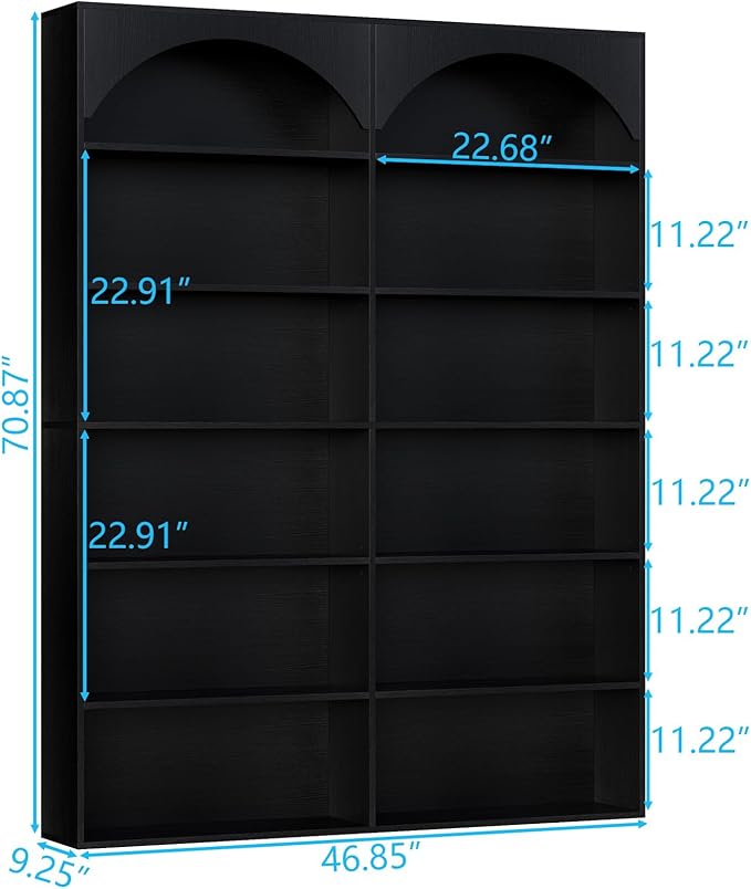70.8’’ Tall Bookshelf and Bookcase of 2 pcs, 7-Tier Double Wide Bookcase Modern Large Open Display Shelves with Curved Baffle for Home Office Living Room (Black-2pcs)