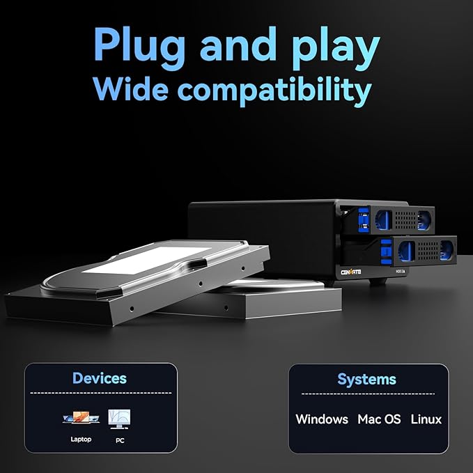 Aluminum Dual Bay Hard Drive Enclosure with Cooling Fan for 2.5“/3.5" SATA HDD/SSD with USB A/C 3.0, Support Hot Swappable, Daisy Chain Expansion, Tool-Free HDD Enclosure, DAS(NO RAID/NAS)