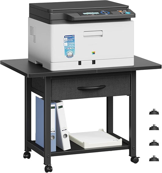 22"x15" Large Printer Stand with Storage Drawer, 2-Tier Under Desk Printer Table for Home Office, Printer Cart fit Fax Machine/3D Printer/Scanner(Black)