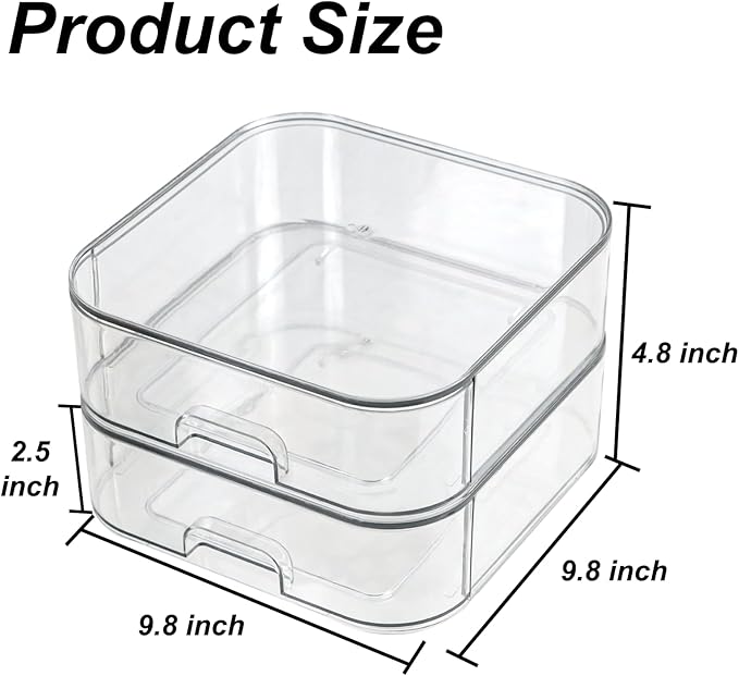 Set of 2 Stackable Storage Drawers - 7.8" Clear Plastic Drawer Storage, Acrylic Makeup Organizer, Desk Counter Cabinet Office Organizer, Bathroom Organizers and Storage (Square/Set of 2)
