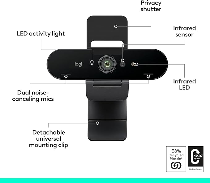 Logitech Brio 4K Webcam, Video Calling, Noise-Cancelling mic, HD Auto Light Correction, Wide Field of View, Works with Microsoft Teams, Zoom, Google Voice, Google Meet, PC/Mac/Laptop/MacBook/Tablet