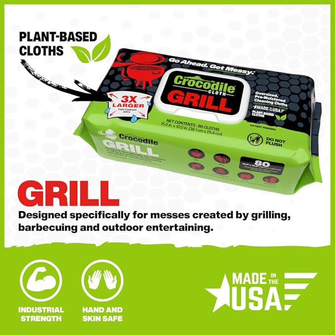 Crocodile Cloth Grill - 80 (15" x 10") Plant-based Cleaning Wipes. Safe on Skin & Multiple Surfaces. Infused with Aloe & Vitamin E. Large, Pre-Moistened & Absorbent.