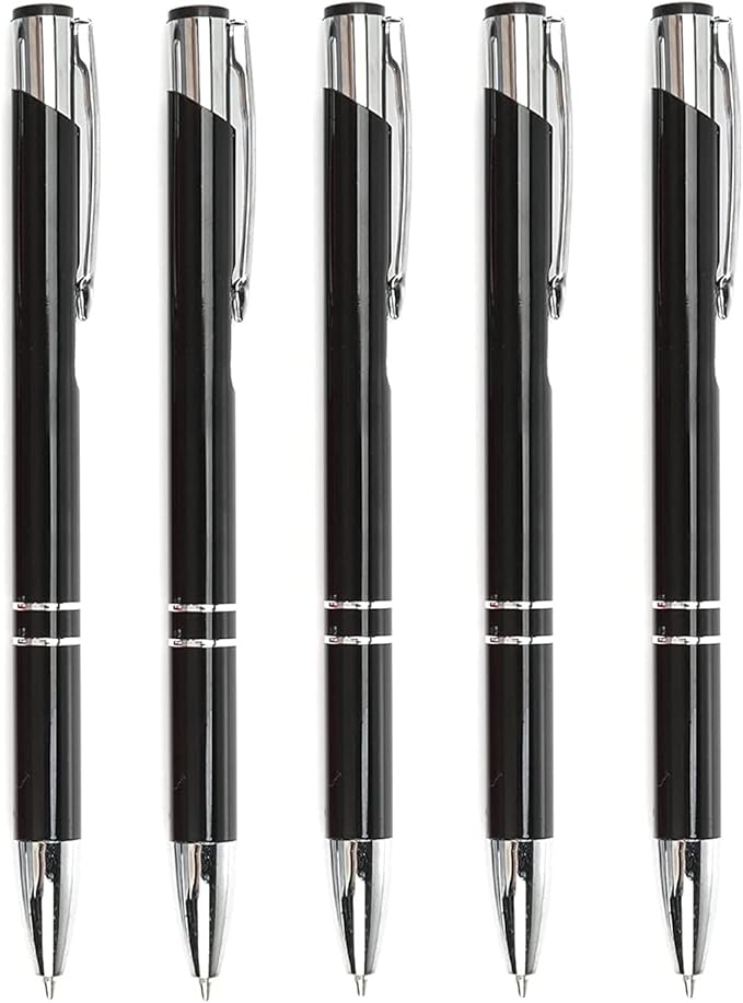 Stylish quality 5 metal ballpoint Pens, black ink, soft writing experience (Black)