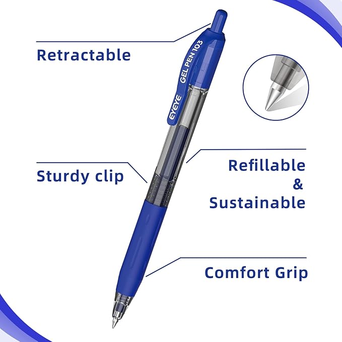 EYEYE G-103 Retractable 0.5mm Gel Pens, 10 Pack Extra Fine Point Blue Ink Pens Quick Dry, Ballpoint Pen Fine Point Smooth Writing Pens for Office School Supplies