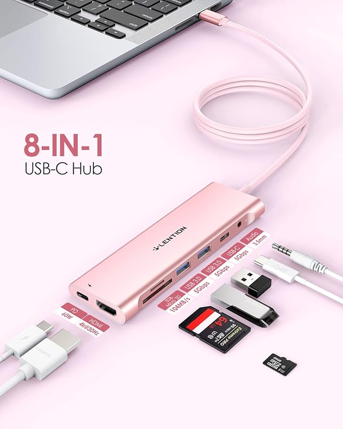 LENTION 3.3FT Long Cable USB C Hub with 4K HDMI, 2 USB 3.0, Card Reader, Aux, Type C Data/Charging Compatible 2023-2016 MacBook Pro, Mac Air/Surface, More, Stable Driver Adapter (CB-C37, Rose Gold)
