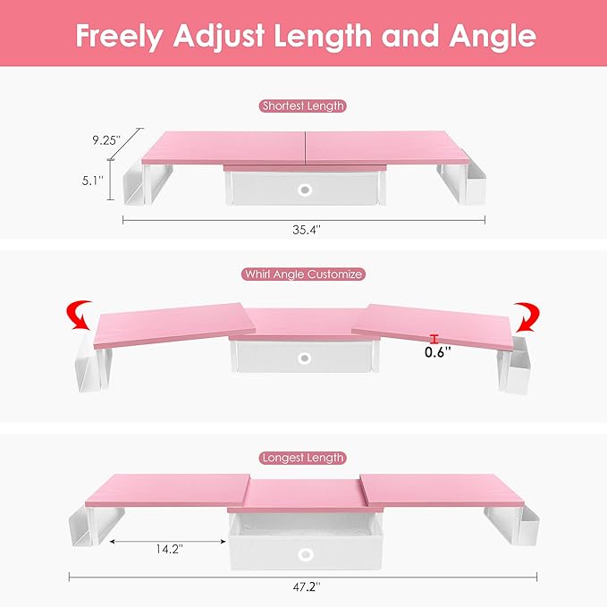 Dual Monitor Stand Riser With Drawer & Metal Leg, Large Desk Shelf For 2 Monitors w/ Adjustable Length & Angle, Desktop Organizer For Laptop/TV/Printer