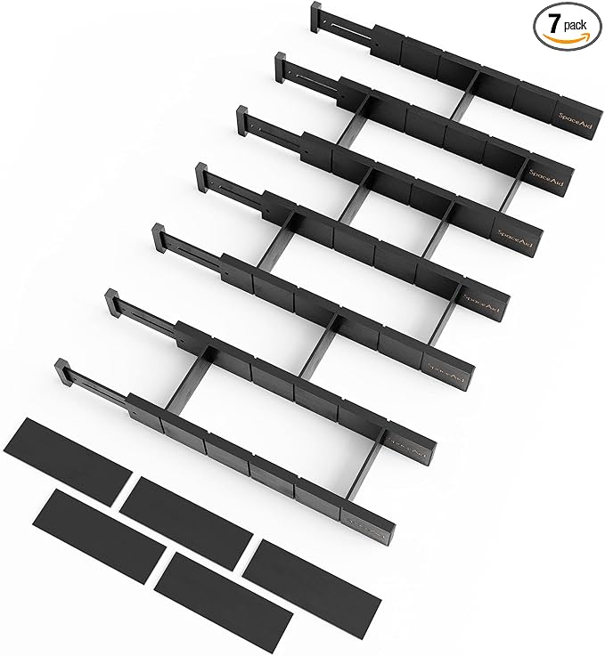 SpaceAid Bamboo Drawer Dividers with Inserts and Labels, Kitchen Adjustable Drawer Organizers, Expandable Organization for Home, Office, Dressers, 7 Dividers with 15 Inserts (17"-22" Black)