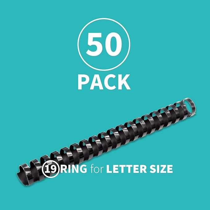 Binditek 50 Pack Plastic Binding Comb Spines, 7/8 Inch Diameter, 190 Sheet Capacity, 19 Ring, for Letter Size, Black, for Students and Coworkers