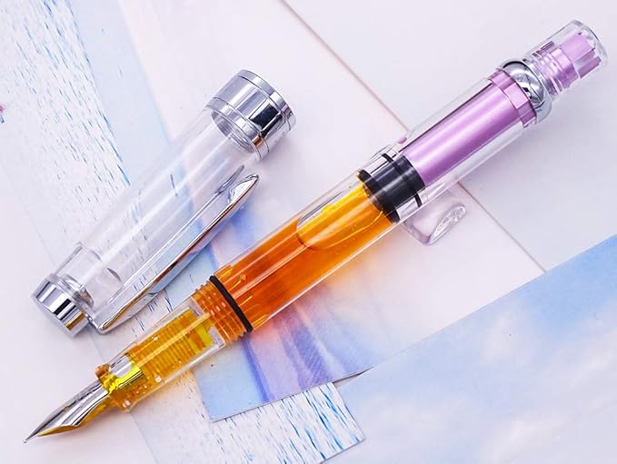 Lanxivi 4 x Yongsheng 3008 Fountain Pen Upgrated Fine Nib,Silver Trim,Piston Filling, Transparent