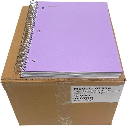 Mintra Office Durable Spiral Notebooks, 5 Subject (Lavender, College Ruled 12pk)