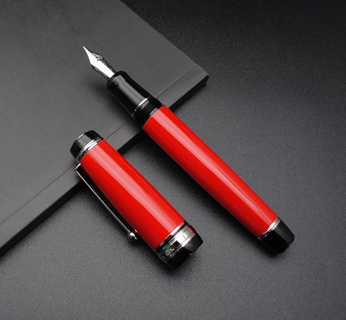 Metal Big Fountain Pen Set Medium Nib 0.7mm, Includes Ink Refill Converter, 5 Ink Cartridges & Gift Box (Medium Nib 0.7mm, Red with Silvery Clip)