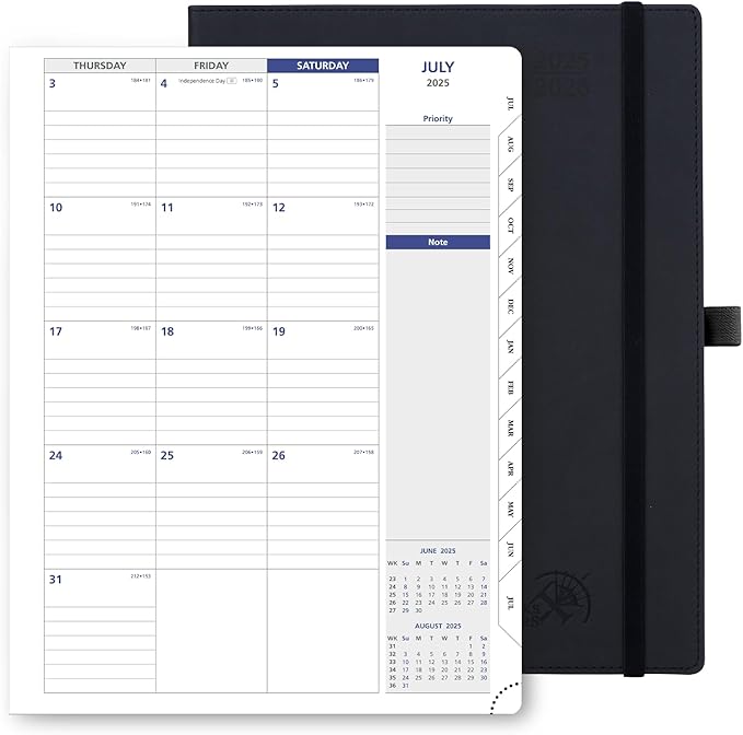 POPRUN Monthly Planner 2025-2026, 8.5'' x 11.25'', 13-Monthly Calendar (July 2025-July 2026) 15-Minute Hourly Appointment Book with Stair Tabs, Soft Cover, 100GSM Paper - Black