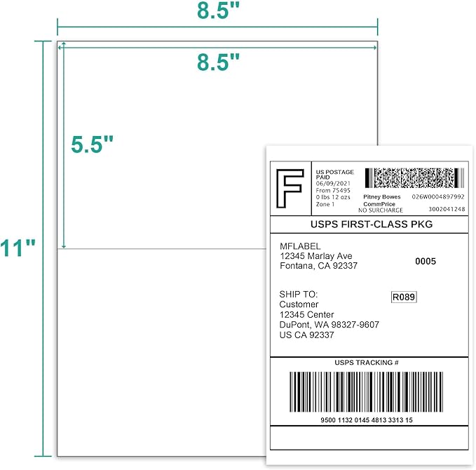 MFLABEL Half Sheet Label Laser/Ink Jet Shipping Label 8.5 x 11 Inches Packaging Labels, Address Labels for Laser & Inkjet Printers, 600 Count(300 Sheets)