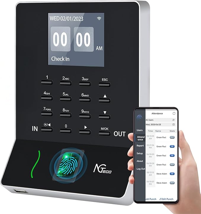 NGTeco APP-Based Time Clocks for Employees Small Business, W2 (Fingerprint+Password) Times Clock, 2.4GHz WiFi Clock in Clock Out Machine Support Shift Schedules, iOS & Android APP, No Monthly Fee