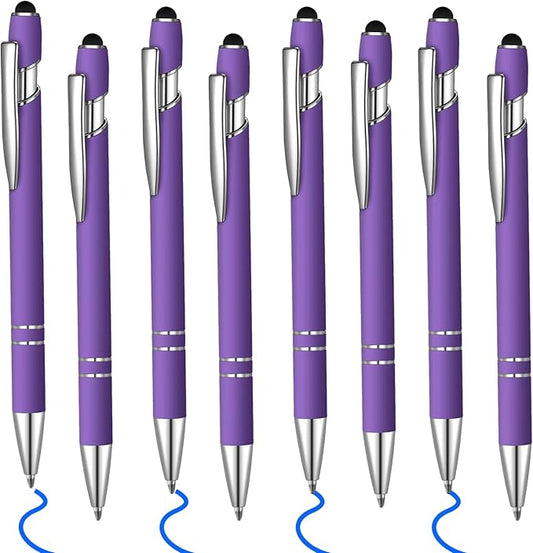 8 Pcs Blue Ink Ballpoint Pen with Stylus Tip 2 in 1 Stylus Ballpoint Pen Metal Pens Stylus Pen for Touch Screens School Office Coworkers (Purple)