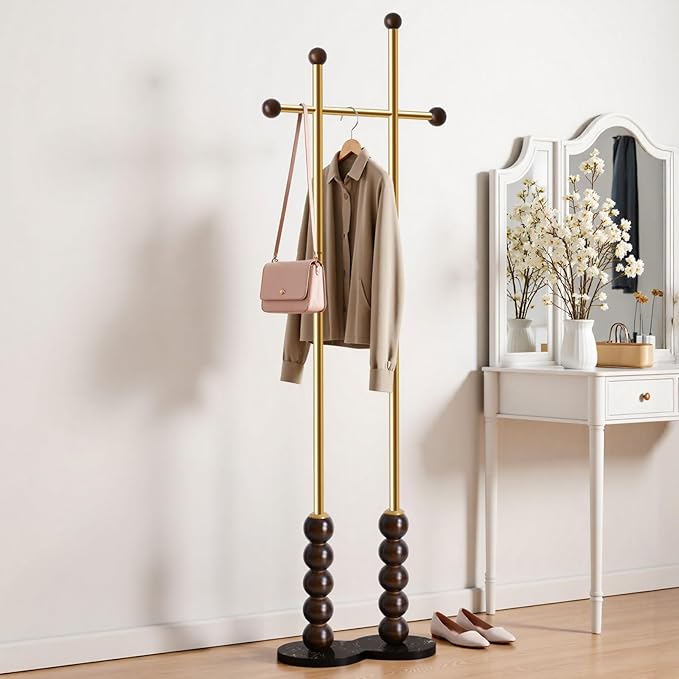 Metal Freestanding Coat Rack with Stainless Steel Double Rods & Marble Base, Hanging Clothes Rack for Entryway, Hallway, Bedroom, Living Room, Gold