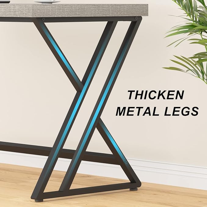 LVB Grey Computer Office Desk, Industrial Wood PC Gaming Gray Desk for Home Office, Modern Wooden Metal Study Work Bedroom Table, Farmhouse Executive Writing Desk with Storage, 55 Inch, Light Grey Oak