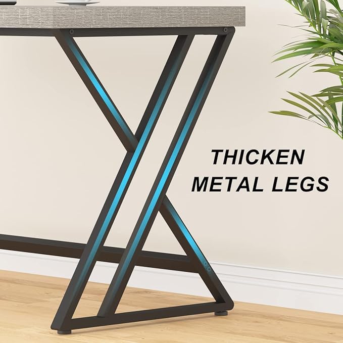 LVB Large Home Office Desk, Long Industrial Computer Desk, Metal Wood Writing Study Computer Table for Student, Big Modern Executive Simple Gaming Work Desk for Bedroom, Light Grey, 60 Inch