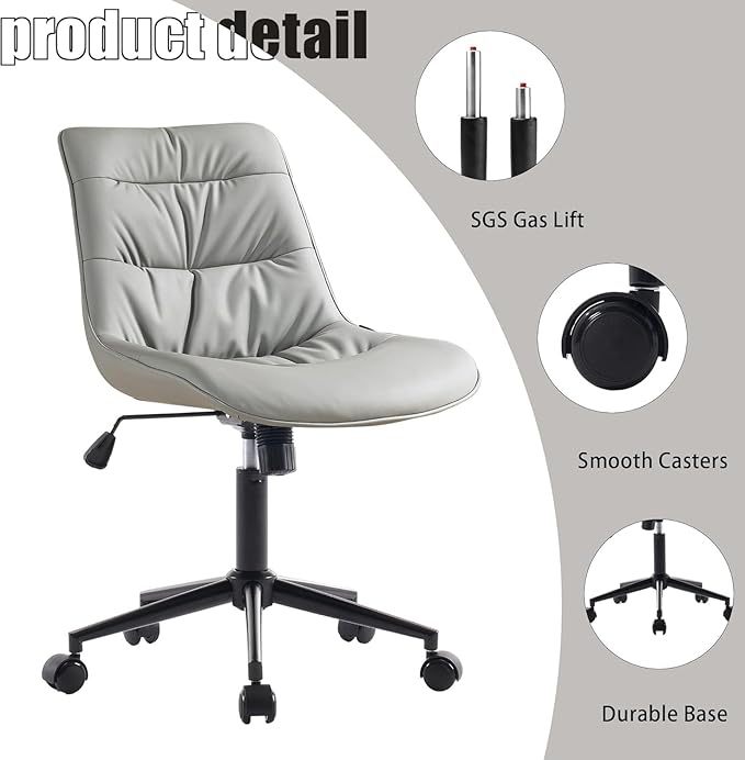 Kidol & Shellder Faux Leather Office Chair, Adjustable Swivel Height Task Chair, Rolling Wheels & Soft Backrest - Armless Ergonomic Desk Chair for Home, Office,Vanity,Gaming（Gray）