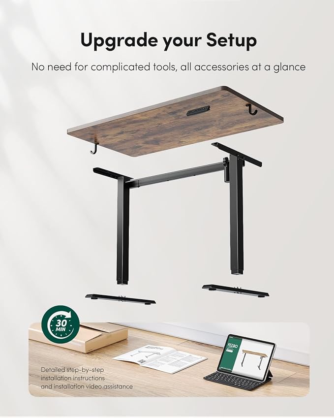 FEZIBO One-Piece Standing Desk Adjustable Height Stand up Home Office Desk, 32x24 Inch Electric Standing Computer Desk, with 4 Memory Presets, Fixable casters, Rustic Brown