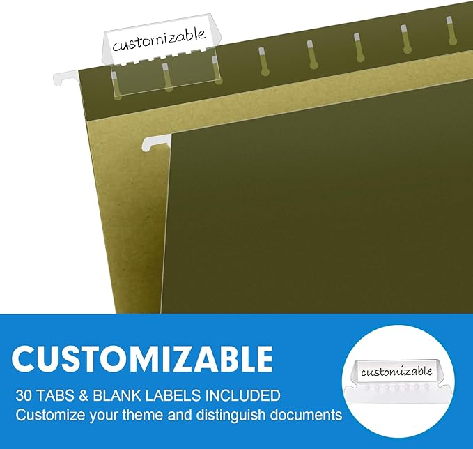 Extra Capacity Hanging File Folders, RAZCC 30 Pack Letter Size Reinforced Hanging Folders with Heavy Duty 1 Inch Expansion for Bulky Files, Filing Cabinet, Adjustable Tabs, Green