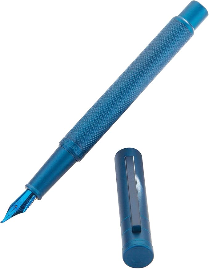 Asvine Dark Blue Fude Pen, Bent Nib Calligraphy Fountain Pen (Fine to Broad) with Converter and Metal Pen Case Set