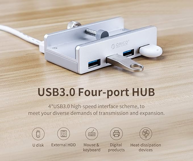 ORICO USB 3.0 Hub Clamp - Aluminum 4-Port USB Splitter With Extra Power Supply Port, 4.92 FT USB A to C Cable, Desktop Powered Hub for Monitors/Desks - Silver