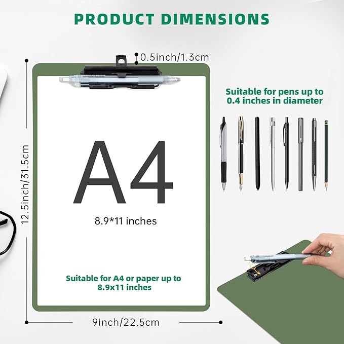 Clipboard with Pen Holder, 6 Pack Plastic Clipboard with Low Profile Metal Clip, Hanging Clip Boards Holds 8.5x11 Inch Papers, Standard A4 Letter Size Clip Boards for Offices & School, Green