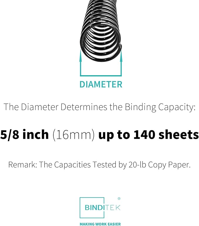 Binditek 100 Pack Plastic Spiral Binding Coils, 16mm(5/8"), 140 Sheet Capacity, 4:1 Pitch, Black, 48 Loops, for Letter Size, for Students and Coworkers