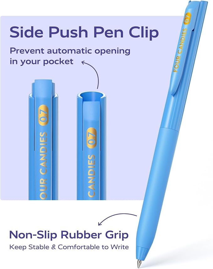 Four Candies Quick Dry Ink Colored Pens Set, 12 Colors Retractable Gel Pens, 0.7mm Fine Point Colorful Pen for Note Taking & Drawing, Colored Gel Pen with Comfort Grip for Office, School & Home