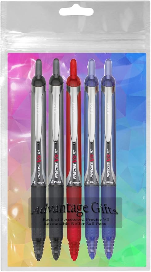 Precise V5 RT Retractable Rolling Ball Pens, Extra Fine Point (.5mm), Assorted Colors Black/Blue/Red Ink, 5-pk; Premium Comfort Grip, Bundle with Plastic Reusable Pouch