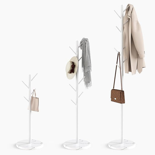 Coat Rack with Natural Marble Base, Metal Freestanding Coat Rack with 8 Hooks, 3 Adjustable Size Sturdy Coat Tree for Bags, Coats, and Hats for Entryway, Hallway, Bedroom, Office, White