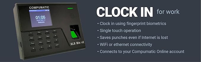 COMPUMATIC Biometric Fingerprint Time Clock with Online Cloud Hosted Software, Automatic Real-Time Punch Upload with WiFi or Wired Ethernet Connection