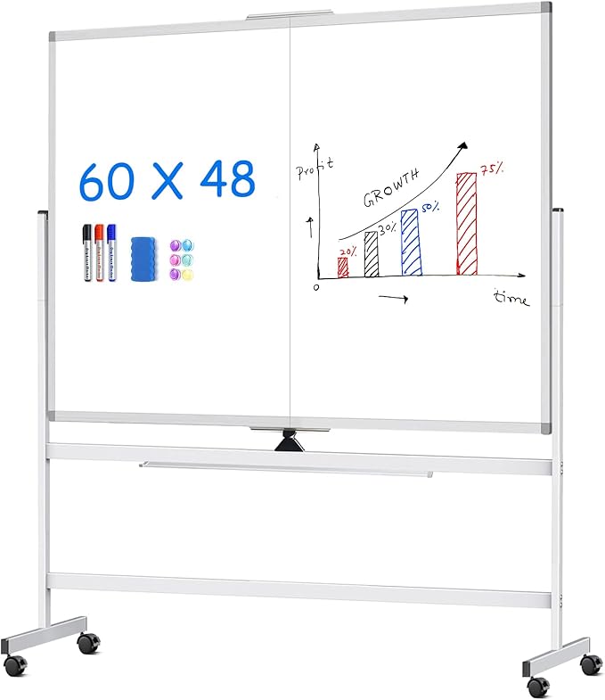 maxtek 60 x 48 Double Sided Rolling Whiteboard, Mobile Whiteboard Magnetic White Board - Large Reversible Dry Erase Board Easel Standing Board on Wheels with Stand (60 x 48)