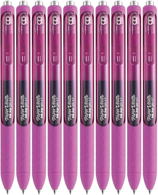 Paper Mate InkJoy Gel Pens, Berry Ink, Medium Point (0.7mm), 10 Count, Bundle with Plastic Reusable Pouch