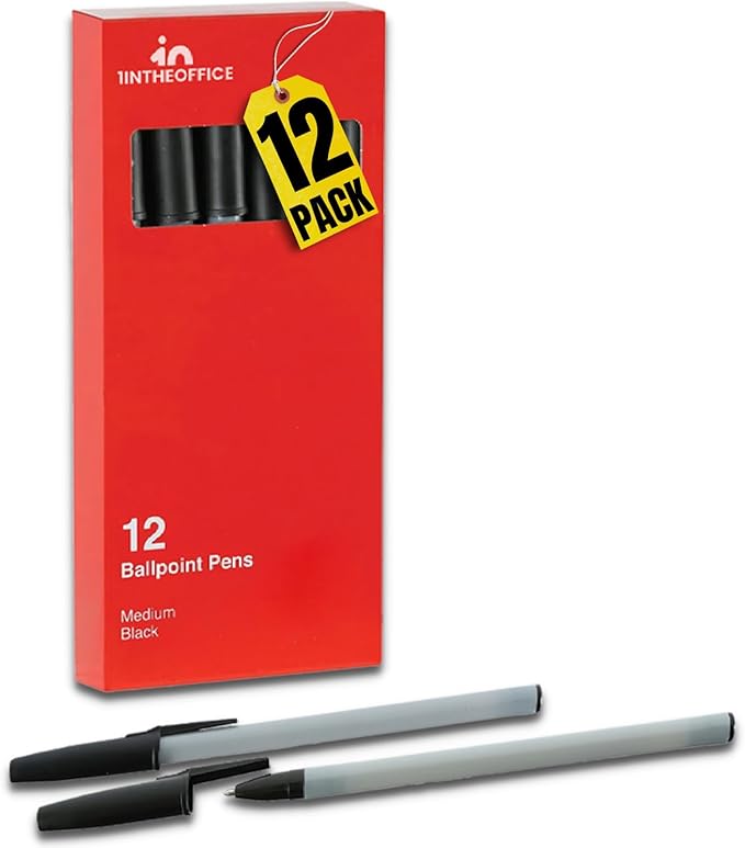 1InTheOffice Ballpoint Pens, Medium Point, Black Ink, 1.0mm, 12 Pack