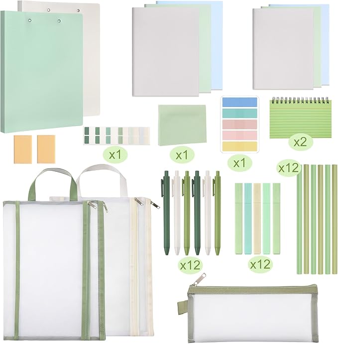 Colarr 54 Pieces Aesthetic School Supplies Including Pastel Highlighters Document Bags Pencils Notebooks Pencil Pouch Ink Pens Sticky Notes Erasers Back to School Gift Stationary Kit(Green)