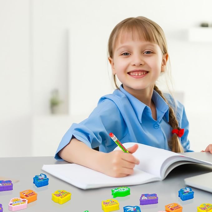 Cinrobiye 60 PCS Bible Verses Pencil Erasers Bulk Inspirational Scripture Eraser Christian Religious Favor Goody Bag Filler Gifts for Students Classroom Office Teacher Prizes Reward School Supplies