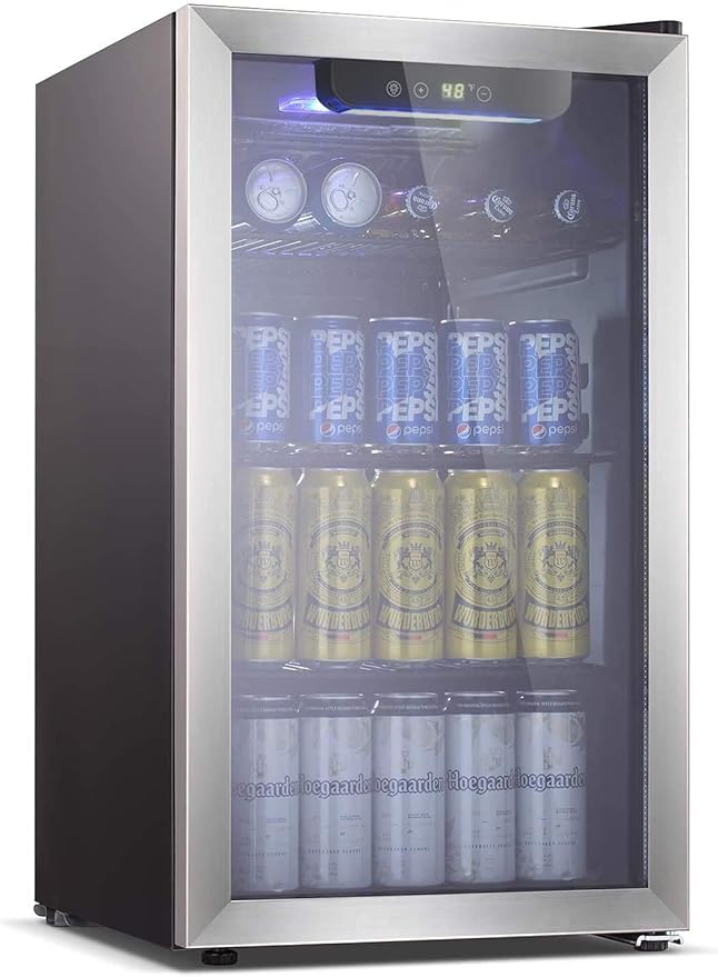 Antarctic Star Beverage Refrigerator -125 Can Mini Fridge for Soda Beer or Wine, Stainless steel door frame, for Office or Bar with Adjustable Removable Shelves, Black, 3.3 Cu.Ft