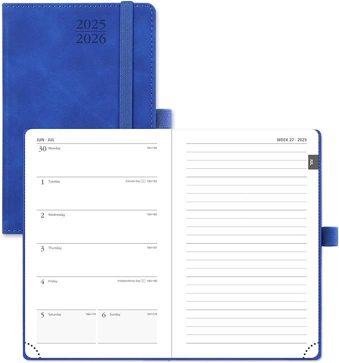 POPRUN Planner 2025-2026 Weekly Notebook for Purse(Pocket Size 4''x 6.25'') Small Academic Calendar (JUL.25 - JUN.26) with Monthly Tabs, Leather Soft Cover, Inner Pocket, 100 GSM - Royal Blue
