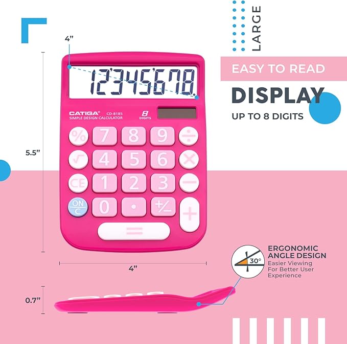 CATIGA Desktop Calculator 8 Digit with Solar Power and Easy to Read LCD Display, Big Buttons, for Home, Office, School, Class and Business, 4 Function Small Basic Calculators for Desk, CD-8185