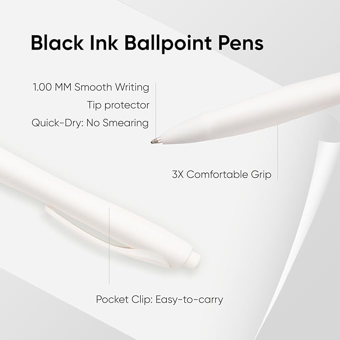 BallPoint Pens, 30 Pack (BLACK Ink),Bulk Pens, White Barrel,Click Pens for Office Home and School, Retractable Ballpoint Pens, Medium Point, 1.00MM (White)