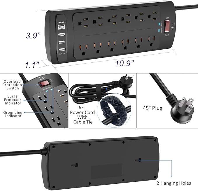 Power Strip, Tcstei Surge Protector with 12 Outlets and 4 USB Ports, 6 Feet Extension Cord (1875W/15A) for for Home, Office, Dorm Essentials, 2700 Joules, ETL Listed, (Black)