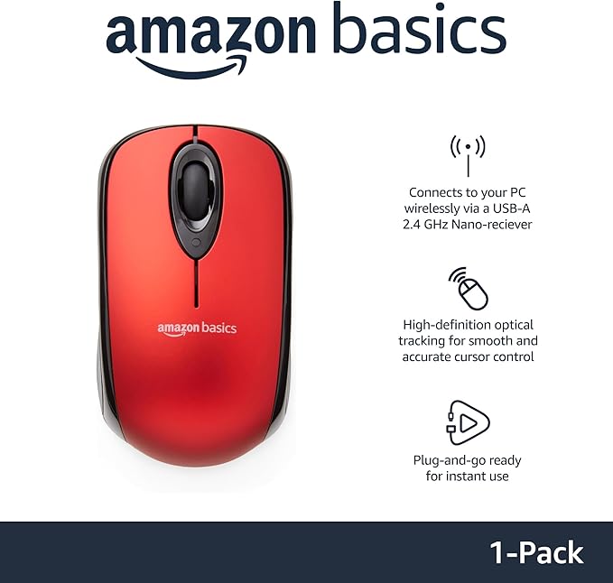Amazon Basics 2.4 GHz Optical Wireless Mouse for Laptop and Computer, USB Nano Receiver, Red