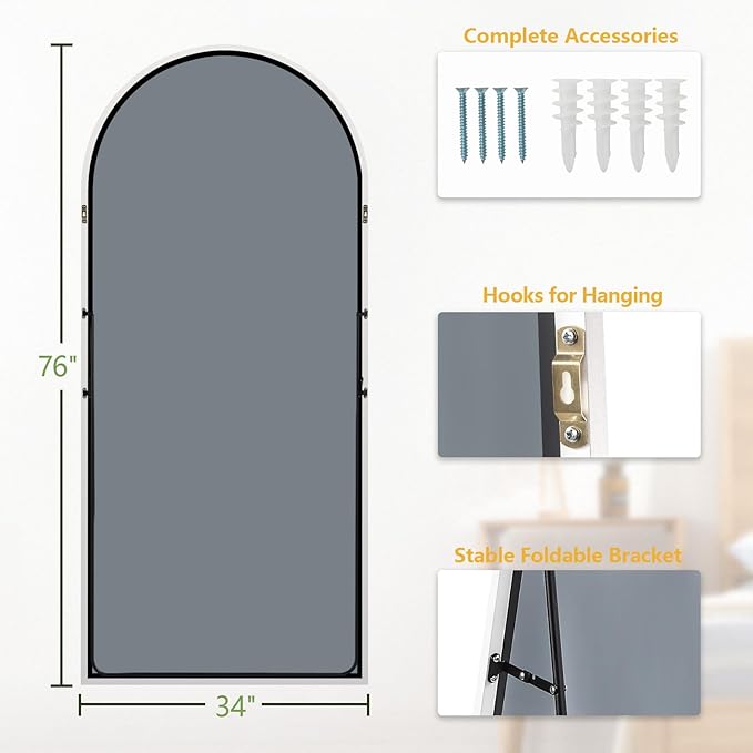 MELOMOIR 76"x34" Arched Oversized Mirror Full Length, Free Standing Leaning or Hanging, Thin Aluminum Frame, Tempered Glass, Suitable for Living Room Bedroom Cloakroom Hallway Home Gym, White