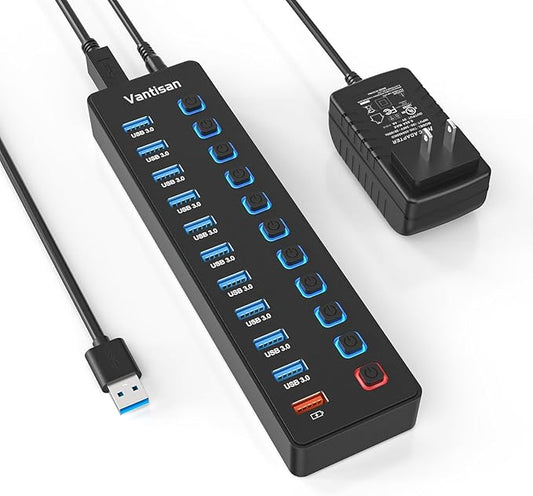 Powered USB Hub, 11-Port USB 3.0 Hub Splitter - 10 USB 3.0 Data Transfer Ports + 1 Smart Charging Port, USB Hub 3.0 Powered with Individual LED On/Off Switches and 5V/4A Power Adapter