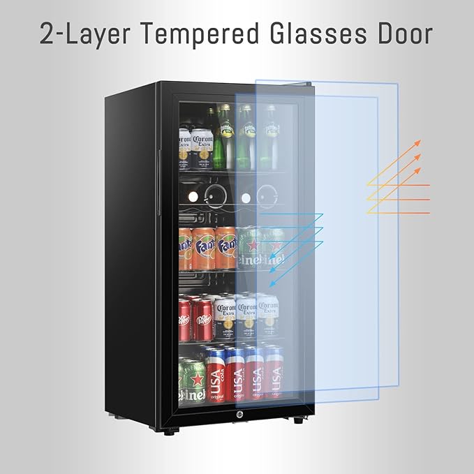 LANG Beverage Refrigerator, 4.5 Cu.Ft, Mini Fridge with Glass Door for Soda Beer, Freestanding Beverage Cooler for Office, Bar, Adjustable Shelving&Adjustable Foot